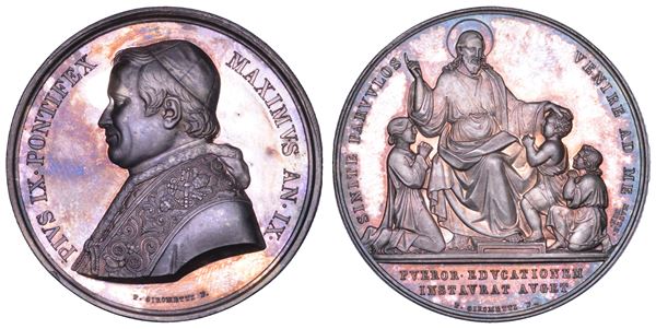STATO PONTIFICIO. PIO IX (Giovanni Maria Mastai Ferretti), 1846-1878. Medaglia annuale in argento 1854/A.IX. Istituzione dei primi asili infantili a Roma.