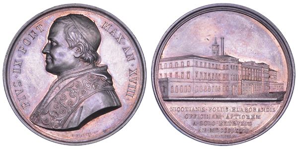 STATO PONTIFICIO. PIO IX (Giovanni Maria Mastai Ferretti), 1846-1878. Medaglia annuale in argento 1863/A. XVIII. Inaugurazione del nuovo edificio della manifattura dei tabacchi.