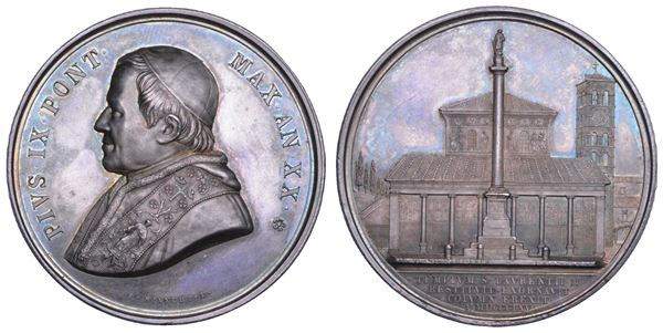 STATO PONTIFICIO. PIO IX (Giovanni Maria Mastai Ferretti), 1846-1878. Medaglia annuale in argento 1865/A. XX. Erezione della colonna a San Lorenzo fuori le mura.