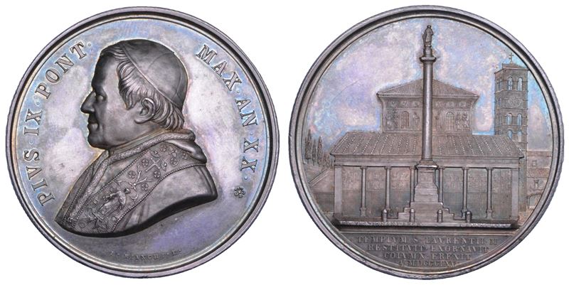 STATO PONTIFICIO. PIO IX (Giovanni Maria Mastai Ferretti), 1846-1878. Medaglia annuale in argento 1865/A. XX. Erezione della colonna a San Lorenzo fuori le mura.  - Auction Numismatics - Cambi Casa d'Aste
