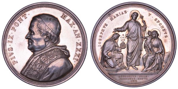 STATO PONTIFICIO. PIO IX (Giovanni Maria Mastai Ferretti), 1846-1878. Medaglia in argento 1871/A.XXXI. Proclamazione di San Giuseppe patrono della Chiesa Universale.