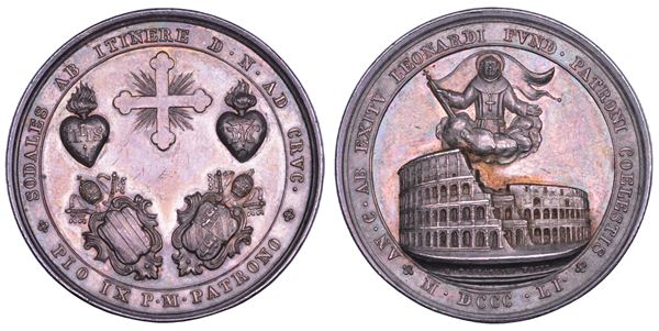 STATO PONTIFICIO. PIO IX (Giovanni Maria Mastai Ferretti), 1846-1878. Medaglia in argento 1851/(A.V.)  I frati minori per il centenario della morte di San Leonardo di Portomaurizio.