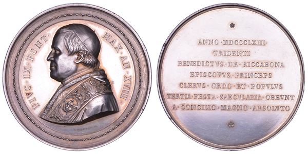 STATO PONTIFICIO. PIO IX (Giovanni Maria Mastai Ferretti), 1846-1878. Medaglia in argento 1863/A.XVIII. Terzo centenario del Concilio di Trento.