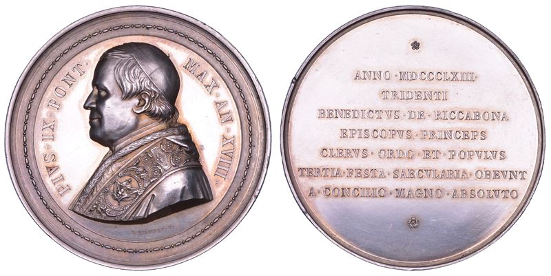 STATO PONTIFICIO. PIO IX (Giovanni Maria Mastai Ferretti), 1846-1878. Medaglia in argento 1863/A.XVIII. Terzo centenario del Concilio di Trento.  - Auction Numismatics - Cambi Casa d'Aste