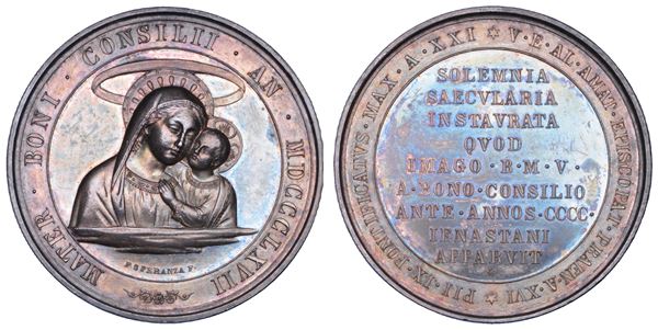 STATO PONTIFICIO. PIO IX (Giovanni Maria Mastai Ferretti), 1846-1878. Medaglia in argento 1867/A.XXI. Madonna del Buon Consiglio.