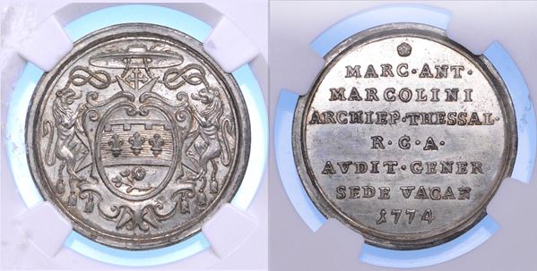 STATO PONTIFICIO. SEDE VACANTE 1774-1775. Medaglia in argento emessa dall'Uditore Generale della Reverenda Camera Apostolica Monsignore Marco Antonio Marcolini.