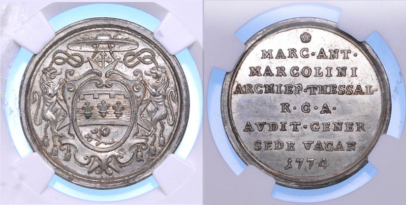 STATO PONTIFICIO. SEDE VACANTE 1774-1775. Medaglia in argento emessa dall'Uditore Generale della Reverenda Camera Apostolica Monsignore Marco Antonio Marcolini.  - Auction Numismatics - Cambi Casa d'Aste