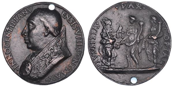 STATO PONTIFICIO. INNOCENZO VIII (Giovanni Battista Cibo), 1484-1492. Medaglia in bronzo (1486). Fine della guerra tra Stato della Chiesa e Regno di Napoli.