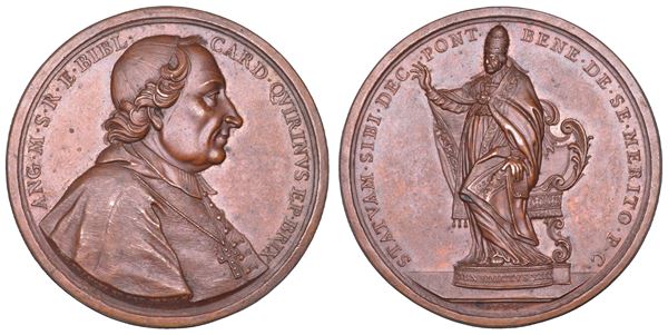 STATO PONTIFICIO. ANGELO MARIA QUIRINI Cardinale Quirini, 1747-1755. Medaglia in bronzo (1752), Erezione di una statua di Benedetto XIII nella Chiesa di Sant'Alessio a Roma.