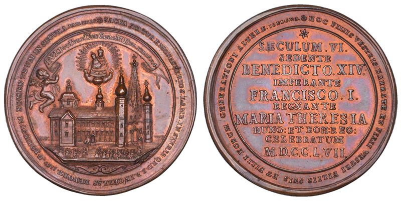 STATO PONTIFICIO. BENEDETTO XIV (Prospero Lorenzo Lambertini), 1740-1758. Medaglia in bronzo 1757. Visita dei Reali d'Austria per il VI centenario del trasferimento della statua di Lamberto alla basilica di Mariazell.  - Asta Numismatica - Cambi Casa d'Aste
