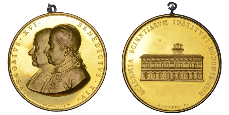 STATO PONTIFICIO. GREGORIO XVI (Bartolomeo Alberto Cappellari), 1831-1846. Medaglia in bronzo dorato. Accademia delle Scienze di Bologna.  - Asta Numismatica - Cambi Casa d'Aste