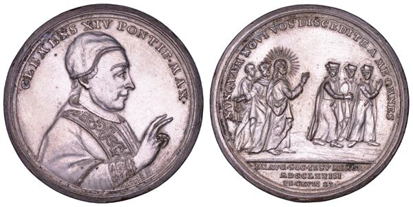 STATO PONTIFICIO. CLEMENTE XIV (Gian Vincenzo Antonio Ganganelli), 1769-1774. Medaglia in bronzo argentato 1773 (A. V). Cacciata e abolizione dell'Ordine dei Gesuiti.