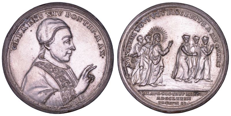 STATO PONTIFICIO. CLEMENTE XIV (Gian Vincenzo Antonio Ganganelli), 1769-1774. Medaglia in bronzo argentato 1773 (A. V). Cacciata e abolizione dell'Ordine dei Gesuiti.  - Asta Numismatica - Cambi Casa d'Aste