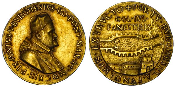 STATO PONTIFICIO. PAOLO V (Camillo Borghese), 1605-1621. Medaglia in bronzo dorato 1613. Posa della prima pietra per la costruzione del nuovo porto di Fano.
