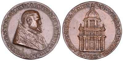 Paolo V (Camillo Borghese), Medaglia in bronzo commemorativa della posa della prima pietra della ...