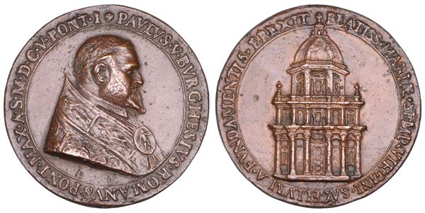 STATO PONTIFICIO. PAOLO V (Camillo Borghese), 1605-1621. Medaglia in bronzo 1605/A. I. Posa della prima pietra della Cappella Paolina in Santa Maria Maggiore a Roma.