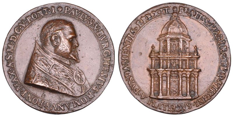 STATO PONTIFICIO. PAOLO V (Camillo Borghese), 1605-1621. Medaglia in bronzo 1605/A. I. Posa della prima pietra della Cappella Paolina in Santa Maria Maggiore a Roma.  - Auction Numismatics - Cambi Casa d'Aste