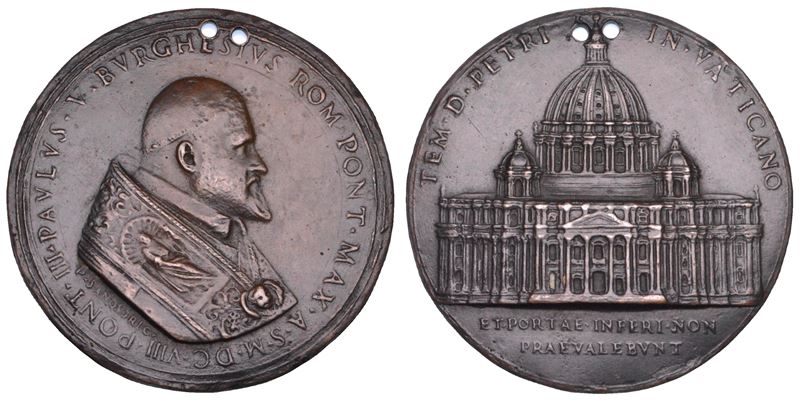 STATO PONTIFICIO. PAOLO V (Camillo Borghese), 1605-1621. Medaglia in bronzo 1608/A. III. Posa della prima pietra della facciata di San Pietro.  - Asta Numismatica - Cambi Casa d'Aste