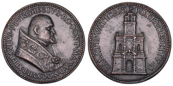 STATO PONTIFICIO. PAOLO V (Camillo Borghese), 1605-1621. Medaglia in bronzo 1617. Ricostruzione della Porta Vaticana.