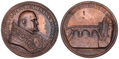 Camillo Borghese (Paolo V), Medaglia in bronzo commemorativa del restauro del ponte di Ceprano, 1...