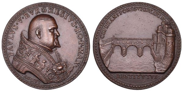 STATO PONTIFICIO. PAOLO V (Camillo Borghese), 1605-1621. Medaglia in bronzo A. XVI (1620). Ricostruzione del Ponte di Ceprano sul fiume Liri.