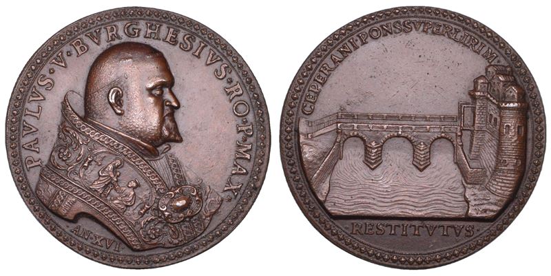 STATO PONTIFICIO. PAOLO V (Camillo Borghese), 1605-1621. Medaglia in bronzo A. XVI (1620). Ricostruzione del Ponte di Ceprano sul fiume Liri.  - Asta Numismatica - Cambi Casa d'Aste