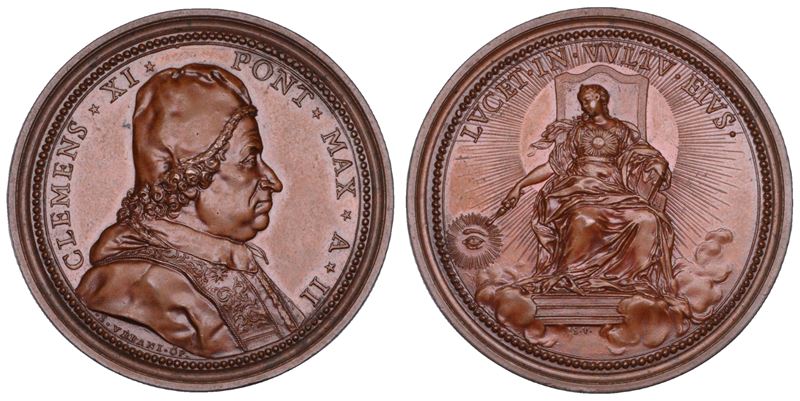 STATO PONTIFICIO. CLEMENTE XI (Giovanni Francesco Albani), 1700-1721. Medaglia in bronzo (1702)/A.II. Dominio della religione Cristiana sulle tenebre e sulla ignoranza.  - Auction Numismatics - Cambi Casa d'Aste