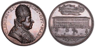 Clemente XI (Giovanni Francesco Albani), Medaglia in bronzo 1704, Il palazzo dell'Annona a Roma