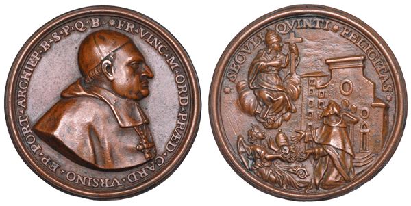 STATO PONTIFICIO. ORSINI VINCENZO MARIA (cardinale, poi Benedetto XIII), 1649-1730. Medaglia 1692. Posa della prima pietra della ricostruzione della chiesa di San Domenico a Benevento.