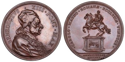 Benedetto XIII, Medaglia in bronzo commemorativa dell'inaugurazione del monumento a Carlo Magno, ...