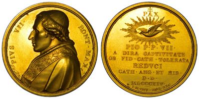 Barnaba Chiaramonti (Pio VII), Medaglia in bronzo dorato con Ritorno del Pontefice nei suoi domin...