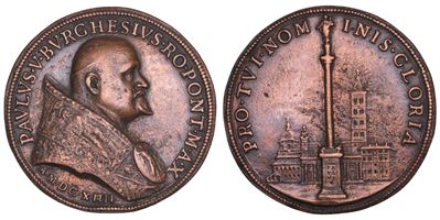 Camillo Borghese (Paolo V), Medaglia annuale in bronzo, 1614. Colonna con statua della Vergine, S...