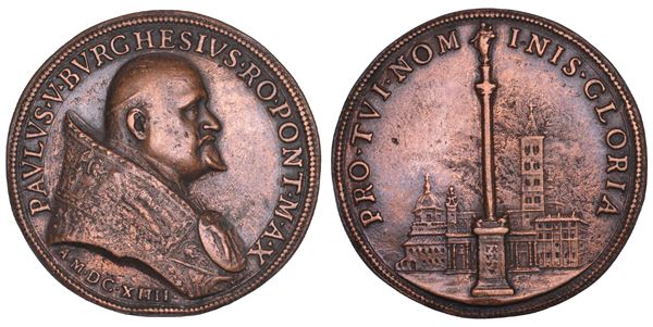 STATO PONTIFICIO. PAOLO V (Camillo Borghese), 1605-1621. Medaglia annuale in bronzo 1614/A. X. Sistemazione definitiva della colonna con la statua della Vergine collocata di fronte alla basilica di Santa Maria Maggiore.
