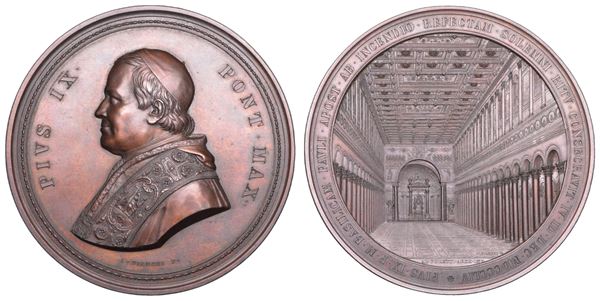 STATO PONTIFICIO. PIO IX (Giovanni Maria Mastai Ferretti), 1846-1878. Medaglia in bronzo 1854. Ricostruzione della Basilica di San Paolo fuori le Mura.