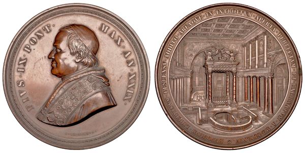STATO PONTIFICIO. PIO IX (Giovanni Maria Mastai Ferretti), 1846-1878. Medaglia in bronzo di massimo modulo 1874/A. XXIX. Confessione in Santa Maria Maggiore.