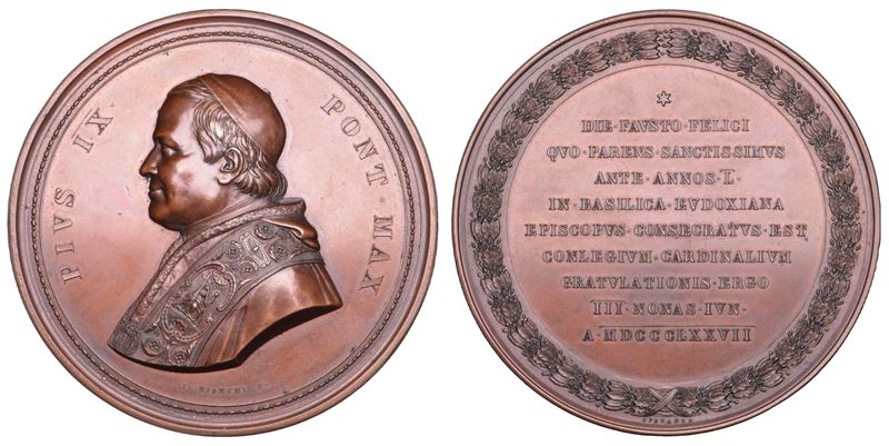 STATO PONTIFICIO. PIO IX (Giovanni Maria Mastai Ferretti), 1846-1878. Medaglia in bronzo di massimo modulo 1876/(A.XXXI). 50° anniversario della Consacrazione Episcopale di Pio IX.  - Auction Numismatics - Cambi Casa d'Aste