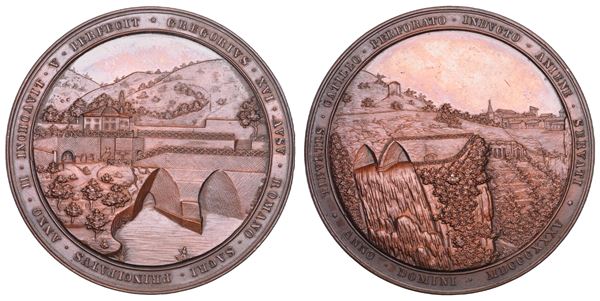 STATO PONTIFICIO. GREGORIO XVI, (Bartolomeo Alberto Cappellari di Belluno), 1831-1846. Medaglia in bronzo 1835/A. V. Completamento delle due gallerie per la deviazione del corso dell'Aniene a Tivoli.