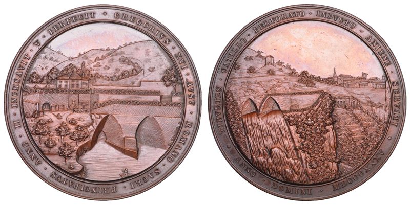 STATO PONTIFICIO. GREGORIO XVI, (Bartolomeo Alberto Cappellari di Belluno), 1831-1846. Medaglia in bronzo 1835/A. V. Completamento delle due gallerie per la deviazione del corso dell'Aniene a Tivoli.  - Asta Numismatica - Cambi Casa d'Aste