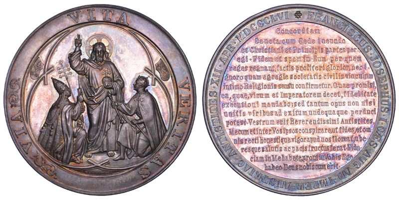 STATO PONTIFICIO. PIO IX (Giovanni Maria Mastai Ferretti), 1846-1878. Medaglia in argento 1856/(A.X). Messaggio di Francesco Giuseppe ai sacerdoti dell'impero austriaco.  - Asta Numismatica - Cambi Casa d'Aste