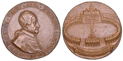 Alessandro VII (Fabio Chigi), Medaglia in bronzo commemorativa: Posa della prima pietra nel colon...