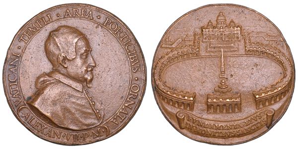 STATO PONTIFICIO. ALESSANDRO VII (Fabio Chigi), 1655-1667. Medaglia in bronzo 1657. Posa della prima pietra nel colonnato di piazza San Pietro.