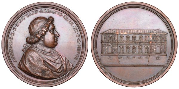 STATO PONTIFICIO. ANNIBALE ALBANI CARDINALE, 1682-1751. Medaglia in bronzo (1735). Lavori di ampliamento alla Villa Papacqua Albani.