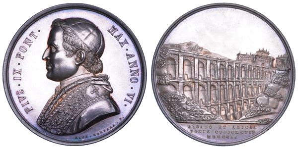 STATO PONTIFICIO. PIO IX (Giovanni Maria Mastai Ferretti), 1846-1878. Medaglia annuale in argento 1851/A. VI. Costruzione del ponte di Ariccia.