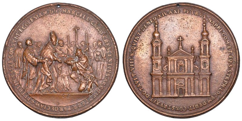 STATO PONTIFICIO. MARCELLO CRESCENZI CARDINALE, 1743-1768. Sotto il pontificato di Benedetto XIV. Medaglia 1754. San Pietro Polesine. Fondazione della chiesa di San Pietro in Valle.  - Auction Numismatics - Cambi Casa d'Aste