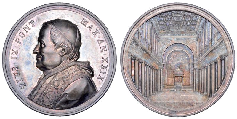 STATO PONTIFICIO. PIO IX (Giovanni Maria Mastai Ferretti), 1846-1878. Medaglia annuale in argento 1874/A. XXIX. Lavori di restauro della Basilica di Santa Maria in Trastevere.  - Asta Numismatica - Cambi Casa d'Aste