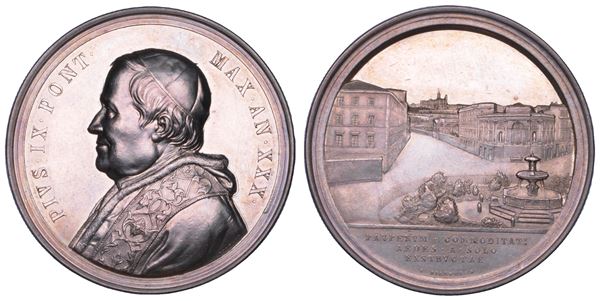 STATO PONTIFICIO. PIO IX (Giovanni Maria Mastai Ferretti), 1846-1878. Medaglia annuale in argento 1875/A. XXX. Costruzione del nuovo ospizio per i poveri.