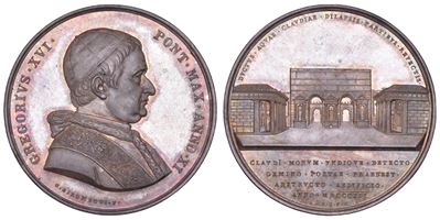 Gregorio XVI, Medaglia annuale in argento del 1841 con prospetto dell'Acquedotto Claudio