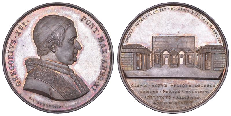STATO PONTIFICIO. GREGORIO XVI (Bartolomeo Alberto Cappellari), 1831-1846. Medaglia annuale in argento 1841/A.XI. Restauri effettuati a Porta Maggiore a Roma.  - Asta Numismatica - Cambi Casa d'Aste