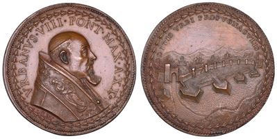 Urbano VIII (Maffeo Barberini), Medaglia annuale in bronzo 1643/A. XX. Rafforzamento delle mura d...