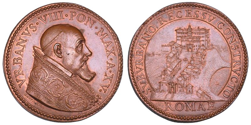 STATO PONTIFICIO. URBANO VIII (Maffeo Barberini), 1623-1644. Medaglia annuale in bronzo (1638)/A. XV. Costruzione della villa pontificia di Castel Gandolfo.  - Asta Numismatica - Cambi Casa d'Aste